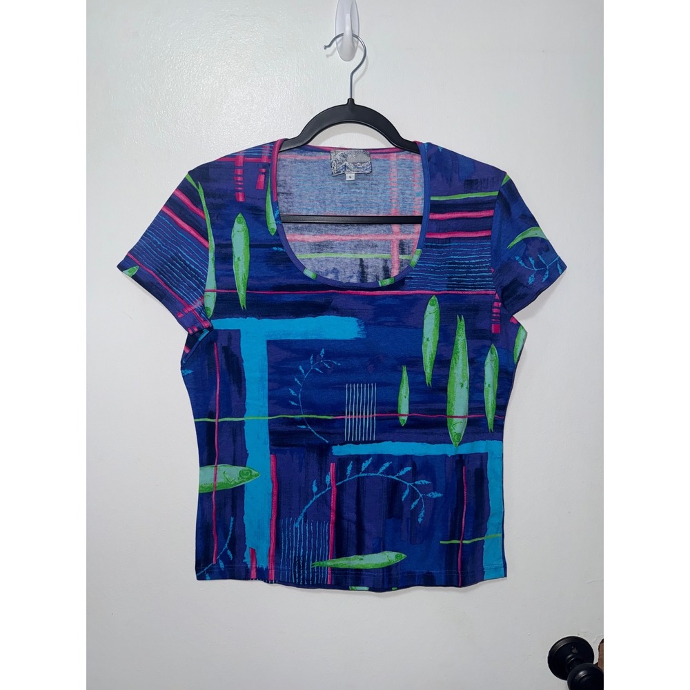 Vintage Kenzo Jeans Women Blue Abstract Fish Print Scoop Neck Cotton T-Shirt L